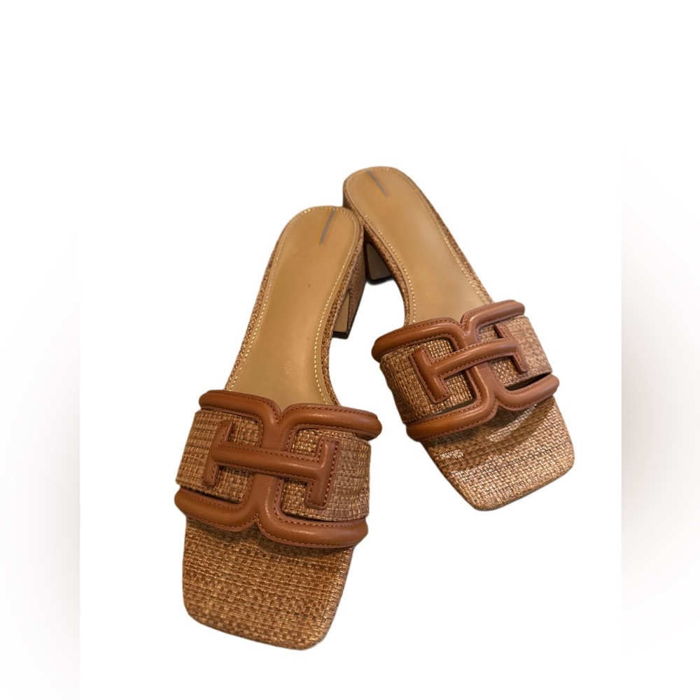 Woven Leather-Trim Block Heel Sandals - Tan - Picture 3 of 8